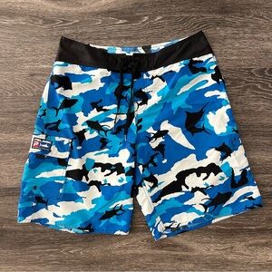 PELAGIC Mens Size 34 Blue Black White Fish Camo Boardshorts Outdoor Fishing